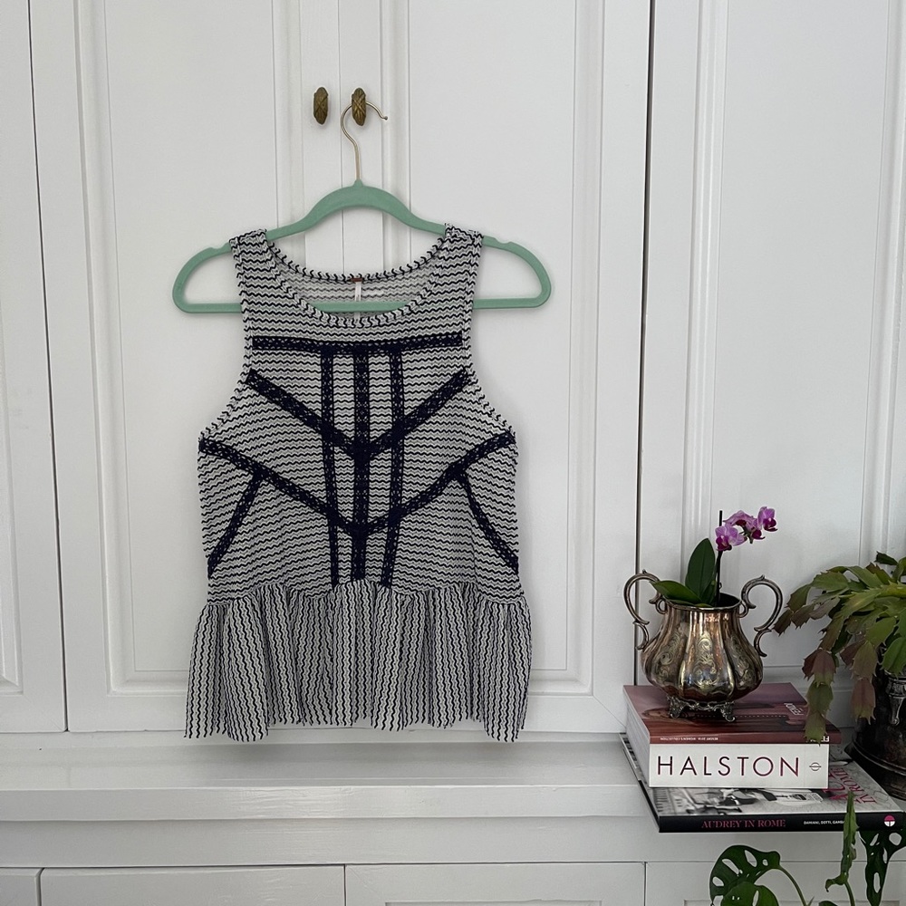 Free People Navy  Stripe Lace Peplum Top